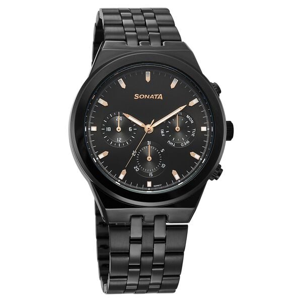 Sonata 77173NM01 Men Eternia Quartz Multifunction Black Dial Metal Strap Watch