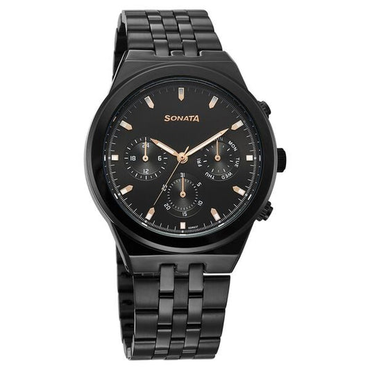 Sonata 77173NM01 Men Eternia Quartz Multifunction Black Dial Metal Strap Watch