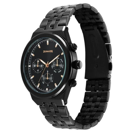 Sonata 77173NM01 Men Eternia Quartz Multifunction Black Dial Metal Strap Watch