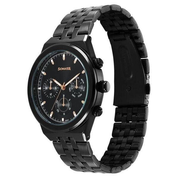 Sonata 77173NM01 Men Eternia Quartz Multifunction Black Dial Metal Strap Watch