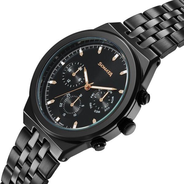Sonata 77173NM01 Men Eternia Quartz Multifunction Black Dial Metal Strap Watch
