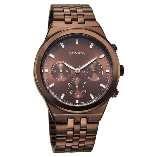 Sonata 77173QM01 Men Eternia Quartz Multifunction Brown Dial Metal Strap Watch