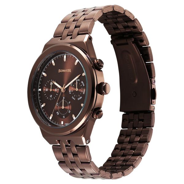 Sonata 77173QM01 Men Eternia Quartz Multifunction Brown Dial Metal Strap Watch