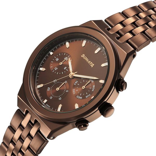 Sonata 77173QM01 Men Eternia Quartz Multifunction Brown Dial Metal Strap Watch