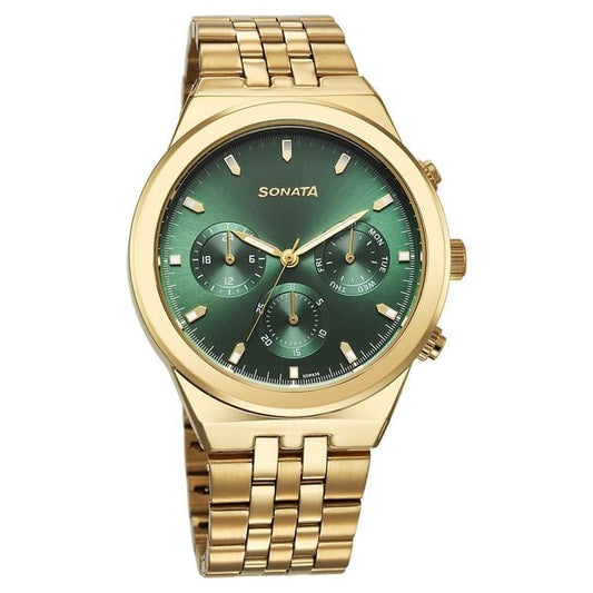 Sonata 77173YM01 Men Eternia Multifunction Green Dial Metal Bracelet Watch