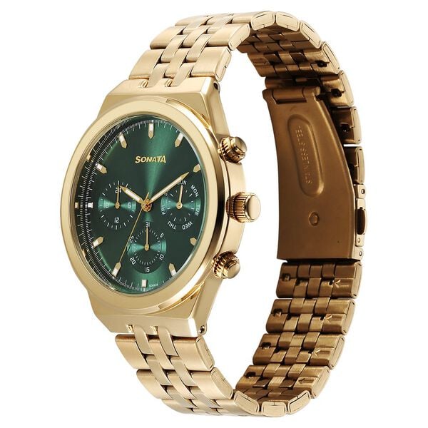 Sonata 77173YM01 Men Eternia Multifunction Green Dial Metal Bracelet Watch