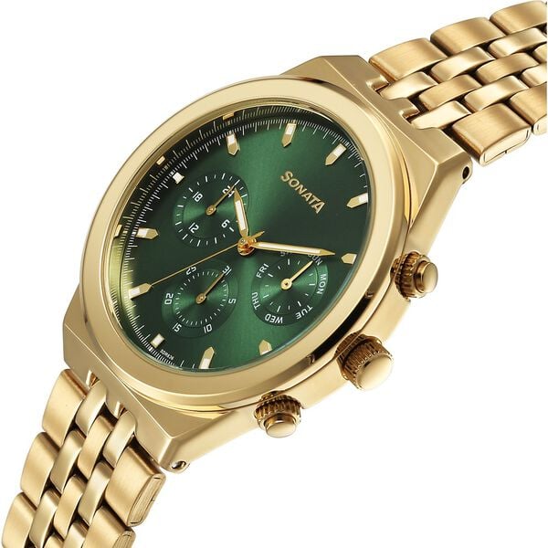 Sonata 77173YM01 Men Eternia Multifunction Green Dial Metal Bracelet Watch