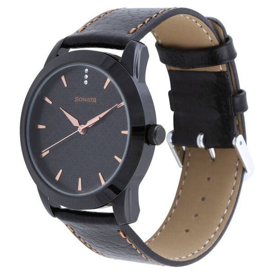 Sonata 7924NL01 Analog Quartz Men Watch with Black Leather Strap