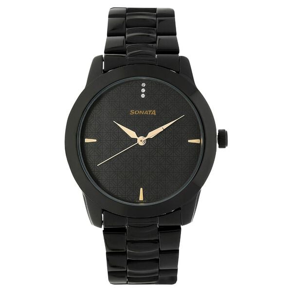 Sonata 7924NM01 Quartz Analog Black Dial Black Metal Strap Watch for Men