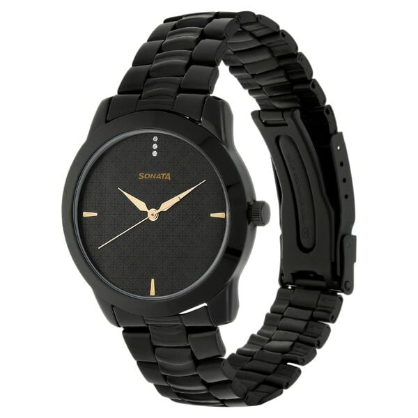 Sonata 7924NM01 Quartz Analog Black Dial Black Metal Strap Watch for Men