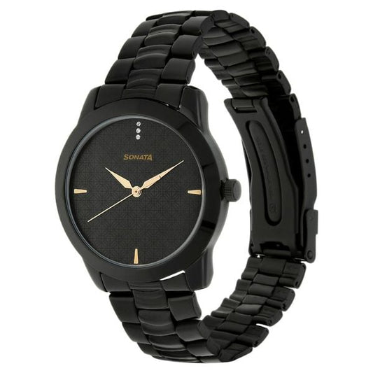 Sonata 7924NM01 Quartz Analog Black Dial Black Metal Strap Watch for Men