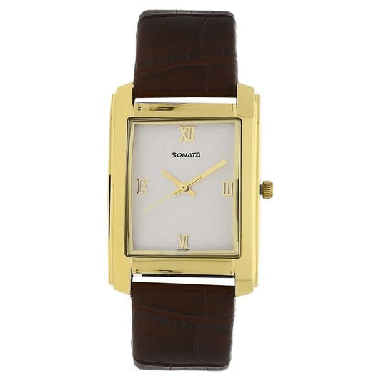 Sonata 7953YL01 Quartz Analog White Dial Leather Strap Watch for Men