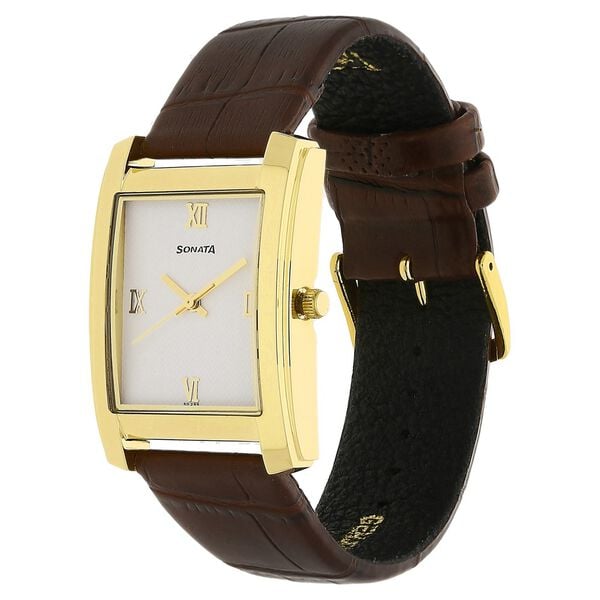 Sonata 7953YL01 Quartz Analog White Dial Leather Strap Watch for Men