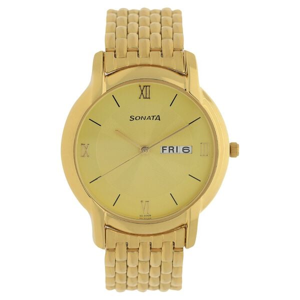 Sonata 7954YM02W Quartz Analog Men’s Watch with Champagne Dial & Gold Metal Strap