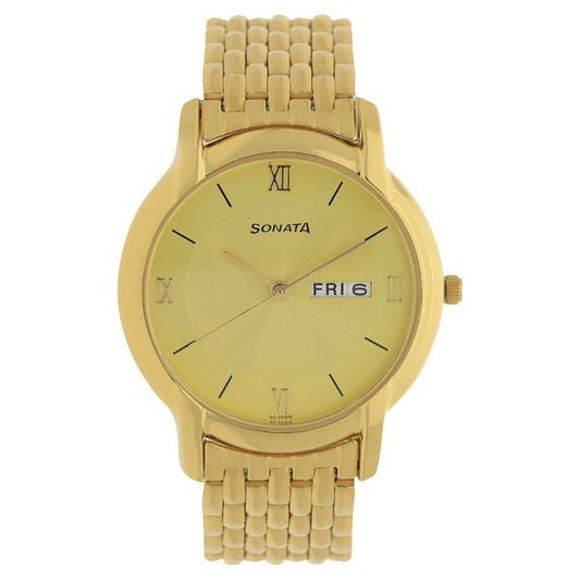 Sonata 7954YM02W Quartz Analog Men’s Watch with Champagne Dial & Gold Metal Strap
