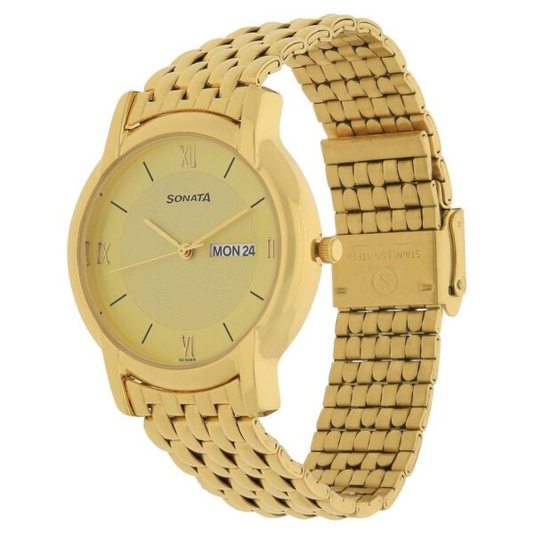 Sonata 7954YM02W Quartz Analog Men’s Watch with Champagne Dial & Gold Metal Strap