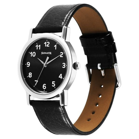 Sonata 7987SL05W Classic Quartz Analog Black Dial Black Leather Strap Watch for Men