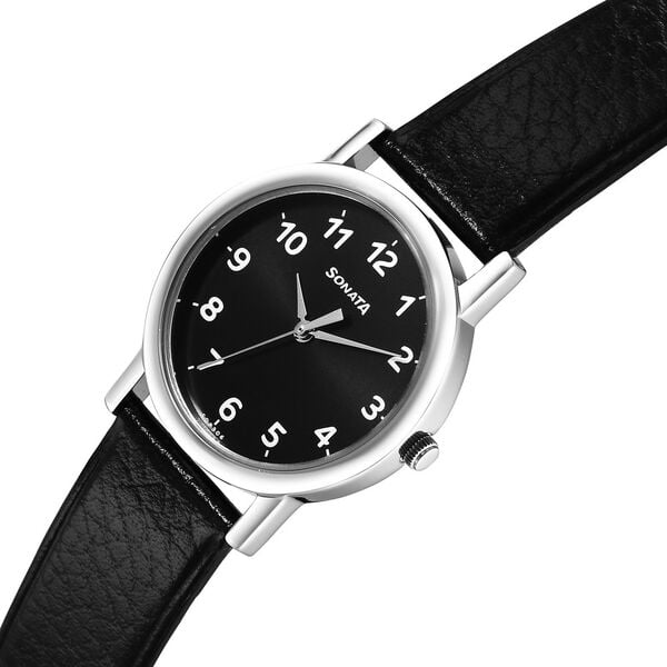 Sonata 7987SL05W Classic Quartz Analog Black Dial Black Leather Strap Watch for Men
