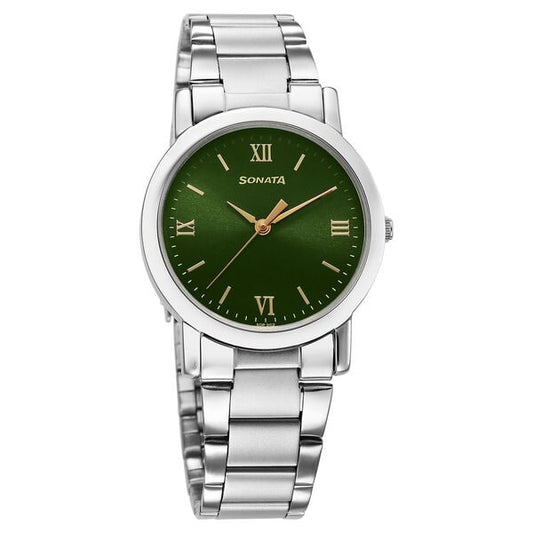 Sonata 7987SM10W Classic Quartz Analog Green Dial Silver Stainless Steel Men’s Watch