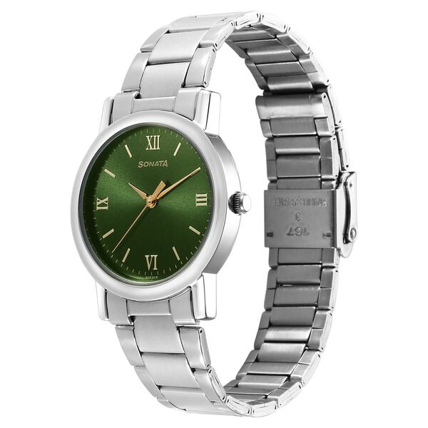 Sonata 7987SM10W Classic Quartz Analog Green Dial Silver Stainless Steel Men’s Watch