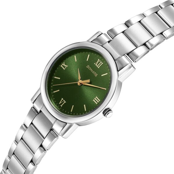 Sonata 7987SM10W Classic Quartz Analog Green Dial Silver Stainless Steel Men’s Watch