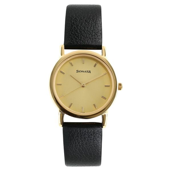 Sonata 7987YL01W Analog Quartz Men’s Watch – Black Leather Strap, Gold Case, Gold Dial