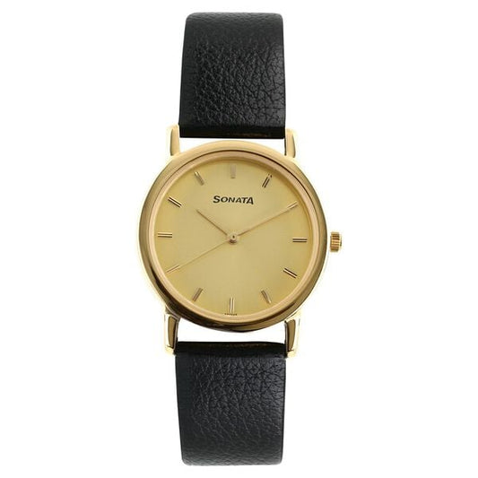 Sonata 7987YL01W Analog Quartz Men’s Watch – Black Leather Strap, Gold Case, Gold Dial
