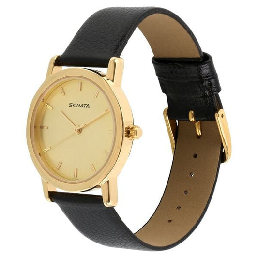 Sonata 7987YL01W Analog Quartz Men’s Watch – Black Leather Strap, Gold Case, Gold Dial