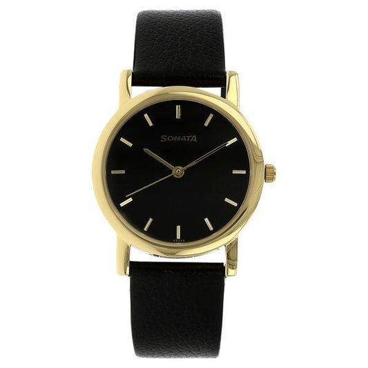 Sonata 7987YL03W Quartz Analog Black Dial Men’s Watch with Black Leather Strap