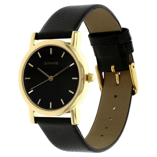 Sonata 7987YL03W Quartz Analog Black Dial Men’s Watch with Black Leather Strap