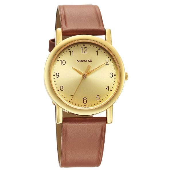 Sonata Classic 7987YL08W Quartz Analog Champagne Dial Brown Leather Strap Men’s Watch