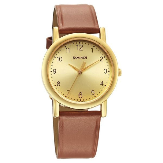 Sonata Classic 7987YL08W Quartz Analog Champagne Dial Brown Leather Strap Men’s Watch