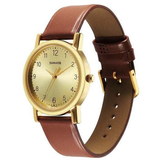 Sonata Classic 7987YL08W Quartz Analog Champagne Dial Brown Leather Strap Men’s Watch