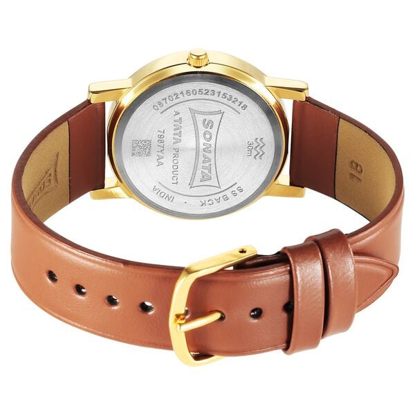 Sonata Classic 7987YL08W Quartz Analog Champagne Dial Brown Leather Strap Men’s Watch