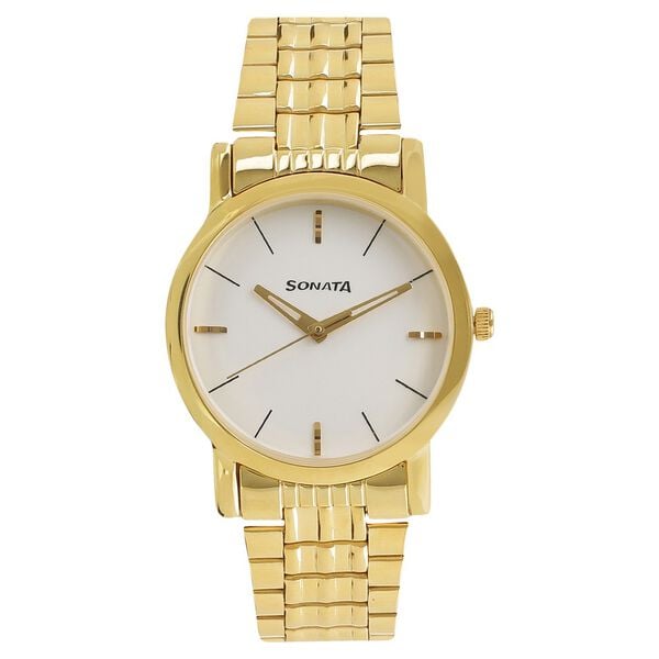 Sonata 7987YM05W Quartz Analog White Dial Men’s Watch with Gold Metal Strap