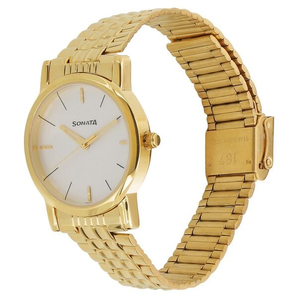 Sonata 7987YM05W Quartz Analog White Dial Men’s Watch with Gold Metal Strap