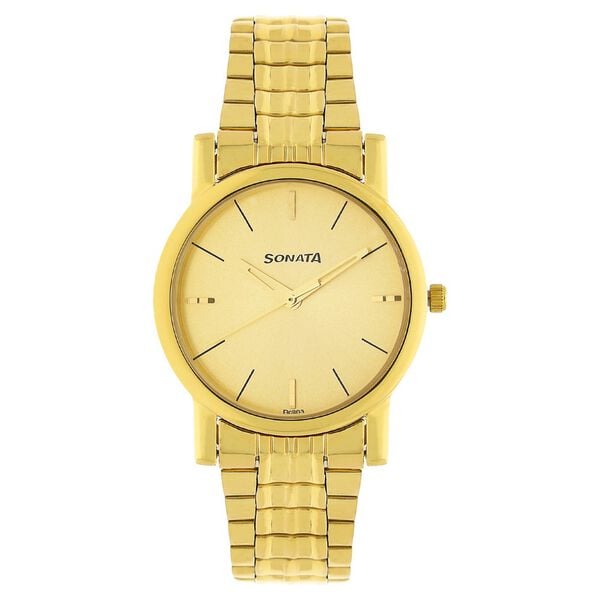 Sonata 7987YM06W Quartz Analog Champagne Dial Men’s Watch with Gold Stainless Steel Strap