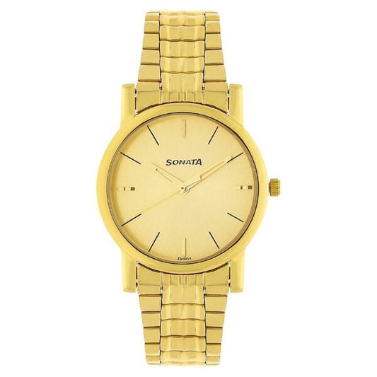 Sonata 7987YM06W Quartz Analog Champagne Dial Men’s Watch with Gold Stainless Steel Strap