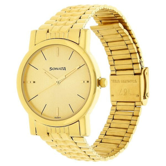 Sonata 7987YM06W Quartz Analog Champagne Dial Men’s Watch with Gold Stainless Steel Strap