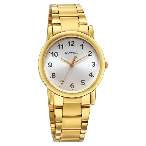 Sonata 7987YM11W Classic Quartz Analog Silver Dial Golden Stainless Steel Strap Men's Watch
