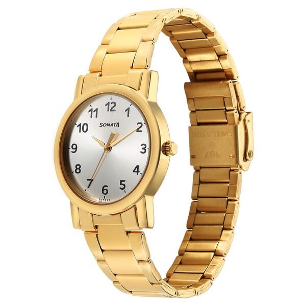 Sonata 7987YM11W Classic Quartz Analog Silver Dial Golden Stainless Steel Strap Men's Watch