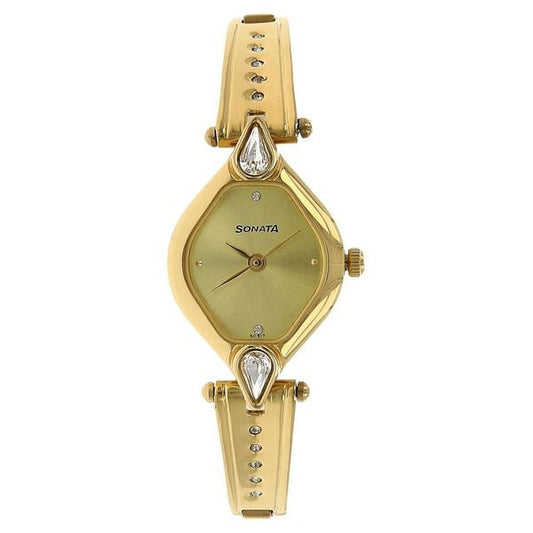 Sonata 8063YM02 Quartz Analog Champagne Dial Stainless Steel Strap Watch for Women