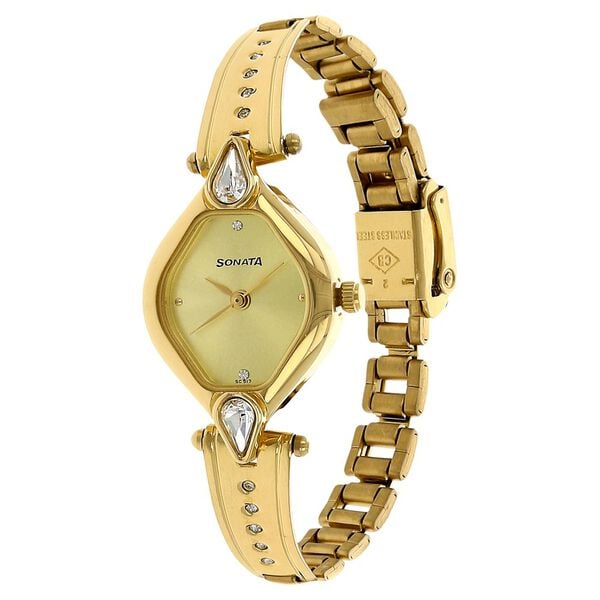 Sonata 8063YM02 Quartz Analog Champagne Dial Stainless Steel Strap Watch for Women