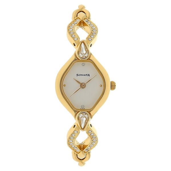Sonata 8063YM03 Analog Quartz Women Watch with White Dial and Golden Metal Strap