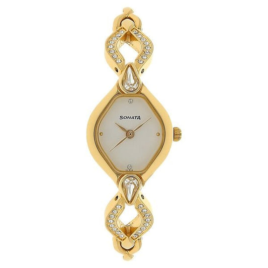 Sonata 8063YM03 Analog Quartz Women Watch with White Dial and Golden Metal Strap