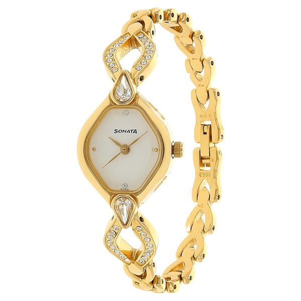 Sonata 8063YM03 Analog Quartz Women Watch with White Dial and Golden Metal Strap