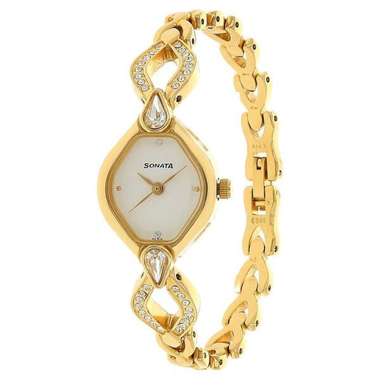 Sonata 8063YM03 Analog Quartz Women Watch with White Dial and Golden Metal Strap