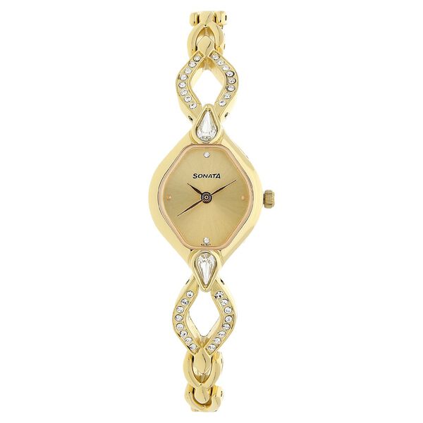 Sonata 8063YM04 Quartz Analog Champagne Dial Golden Metal Strap Watch for Women