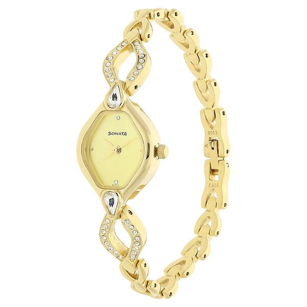 Sonata 8063YM04 Quartz Analog Champagne Dial Golden Metal Strap Watch for Women