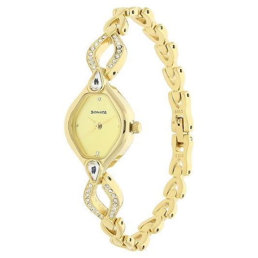 Sonata 8063YM04 Quartz Analog Champagne Dial Golden Metal Strap Watch for Women